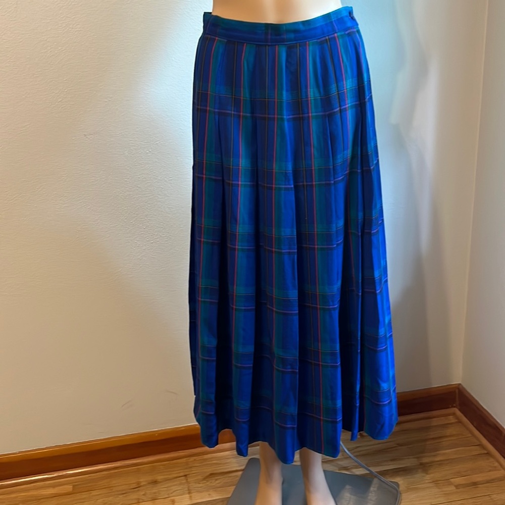 Miss Pendleton Vintage 1980s Pure Virgin Wool Blue Plaid Pleated Midi Skirt 10